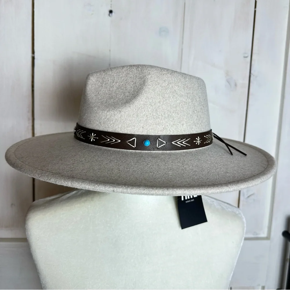 Frye Felt & Faux Leather‎ Embellished Wide Brim Rancher Cowgirl Hat Southwestern - Picture 8 of 12